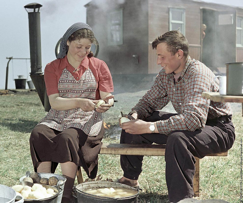 Целинники готовят обед на полевом стане, 1955.  Фото: Исаак Тункель